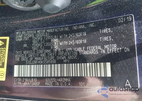 2019 Toyota Highlander Xle z USA, uszkodzony, nr VIN 5TDJZRFH0KS585898